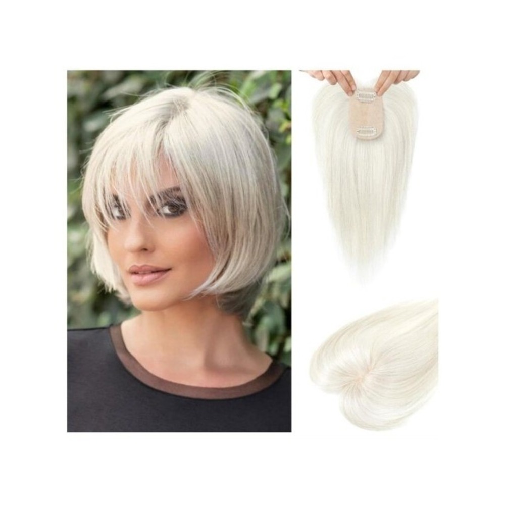 White Human Hair Topper with Bangs & Silk Base, Lace Clip - 10" Silver Blonde